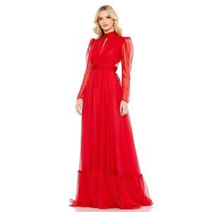NWT Mac Duggal Chiffon High Neck Keyhole Puff Sleeve Lace Up Dress Red 12